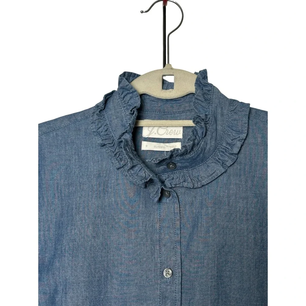 J. Crew Womens Ruffle Collar Chambray Shirt Blue Classic Fit Size 8 NEW!
